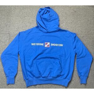 WE11DONE Blue Patched Mirror‎ Logo Men's Long Sleeve Hoodie Size Medium